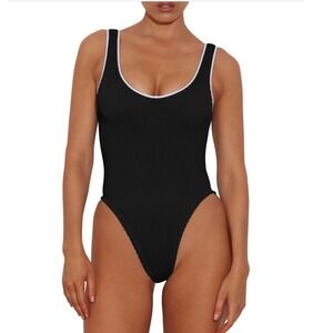 HUNZA G Faye Black Crinkle One Piece Swimsuit OS ONE SIZE